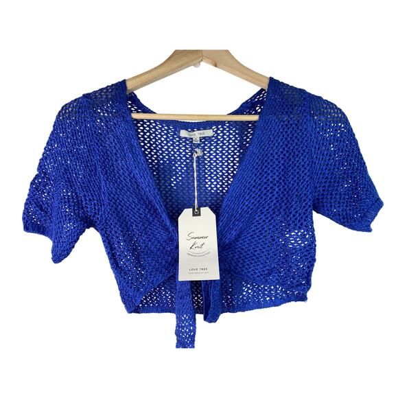 NWT Love Tree Women's Size S Blue Mesh Summer Knit Front Tie Crop Top - Picture 1 of 7